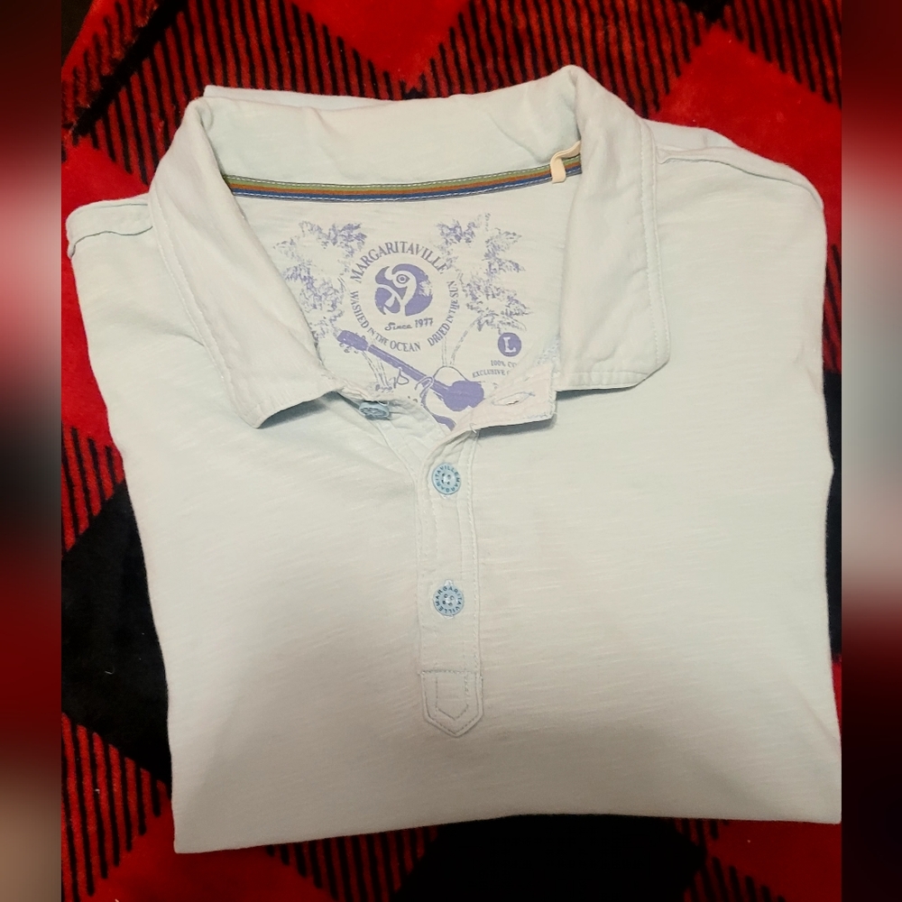 Jimmy Buffet Light Aqua Distressed Margaritaville Polo Shirt Mens Large. - Picture 9 of 10